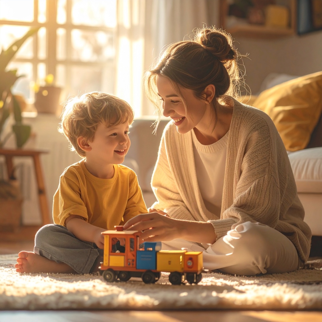 Child playing with a train with their mom in Albany, CA